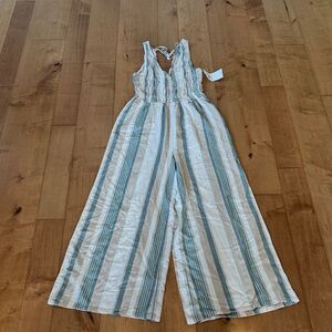 O'Neill Blue & White Striped Smocked Jumpsuit